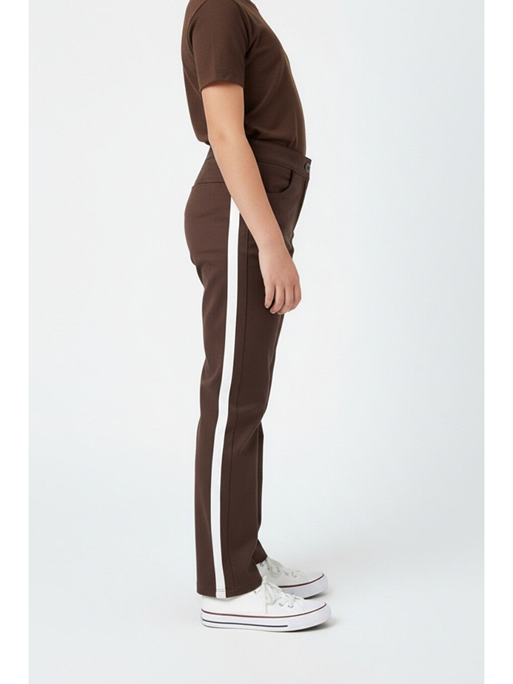 Ekru Kız Çocuk  Yanları Şeritli Düğmeli Düz Paça Cepli Pantolon  14253-1