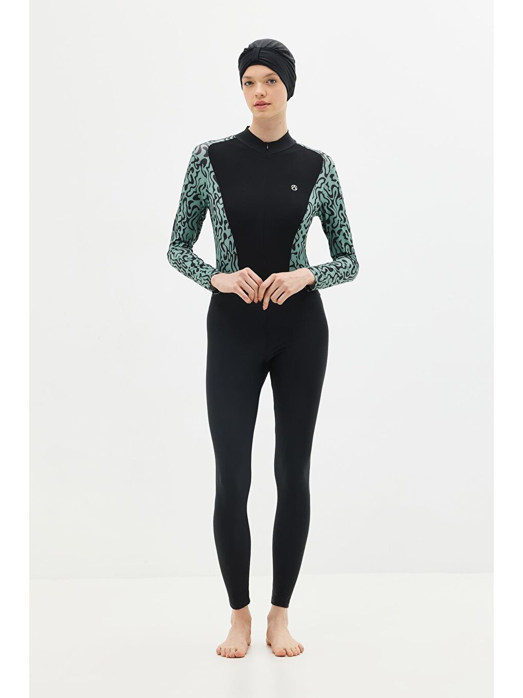 Etekli Taytlı Tam Kapalı Tesettür Mayo C13059 Yeşil/Siyah-9