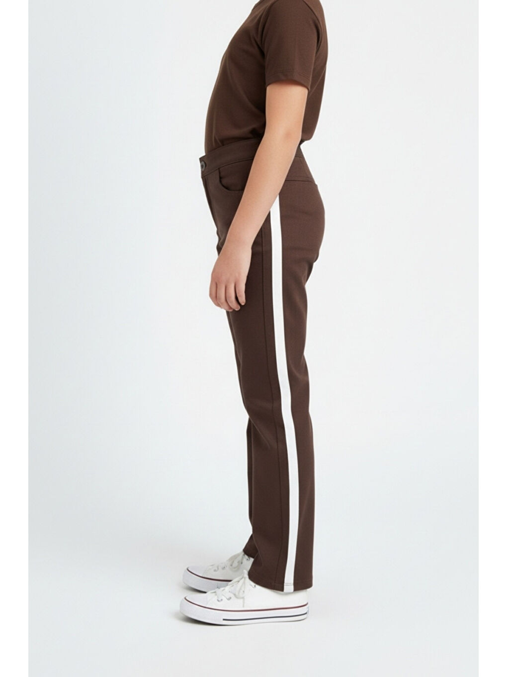 Ekru Kız Çocuk  Yanları Şeritli Düğmeli Düz Paça Cepli Pantolon  14253-2