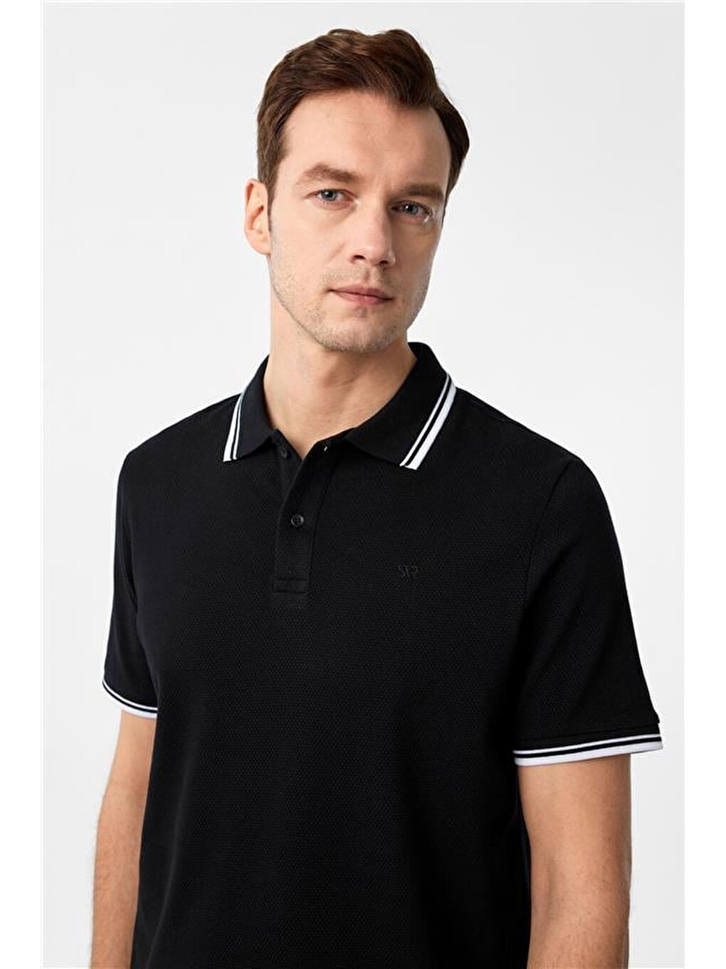 Siyah Regular Armürlü Polo Yaka Tişört-1