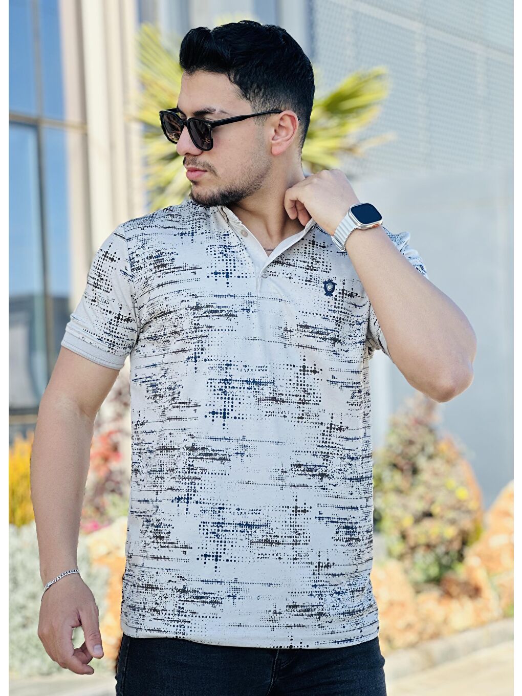 Bej Kagi Nokta Baskılı Polo Yaka Kısa Kollu Tişört-21236