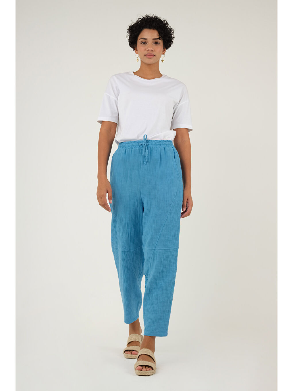 Parçalı Müslin Pantolon Mavi-1