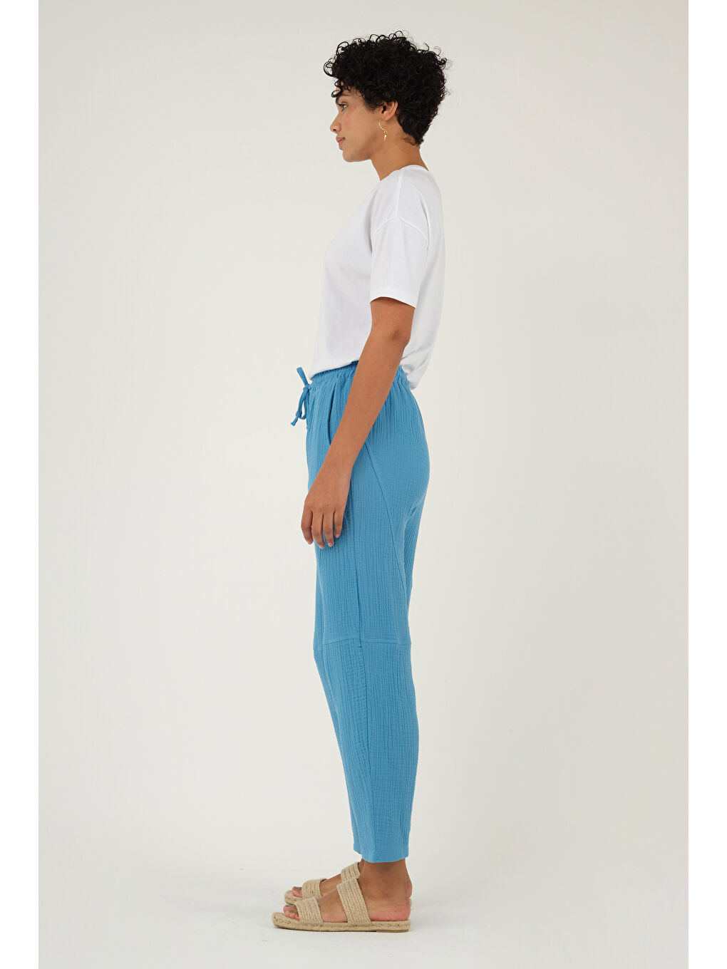 Parçalı Müslin Pantolon Mavi-2