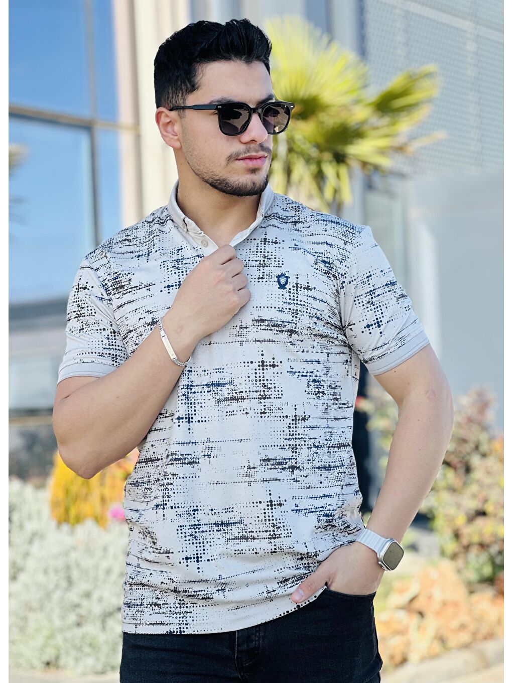 Bej Kagi Nokta Baskılı Polo Yaka Kısa Kollu Tişört-21236-1