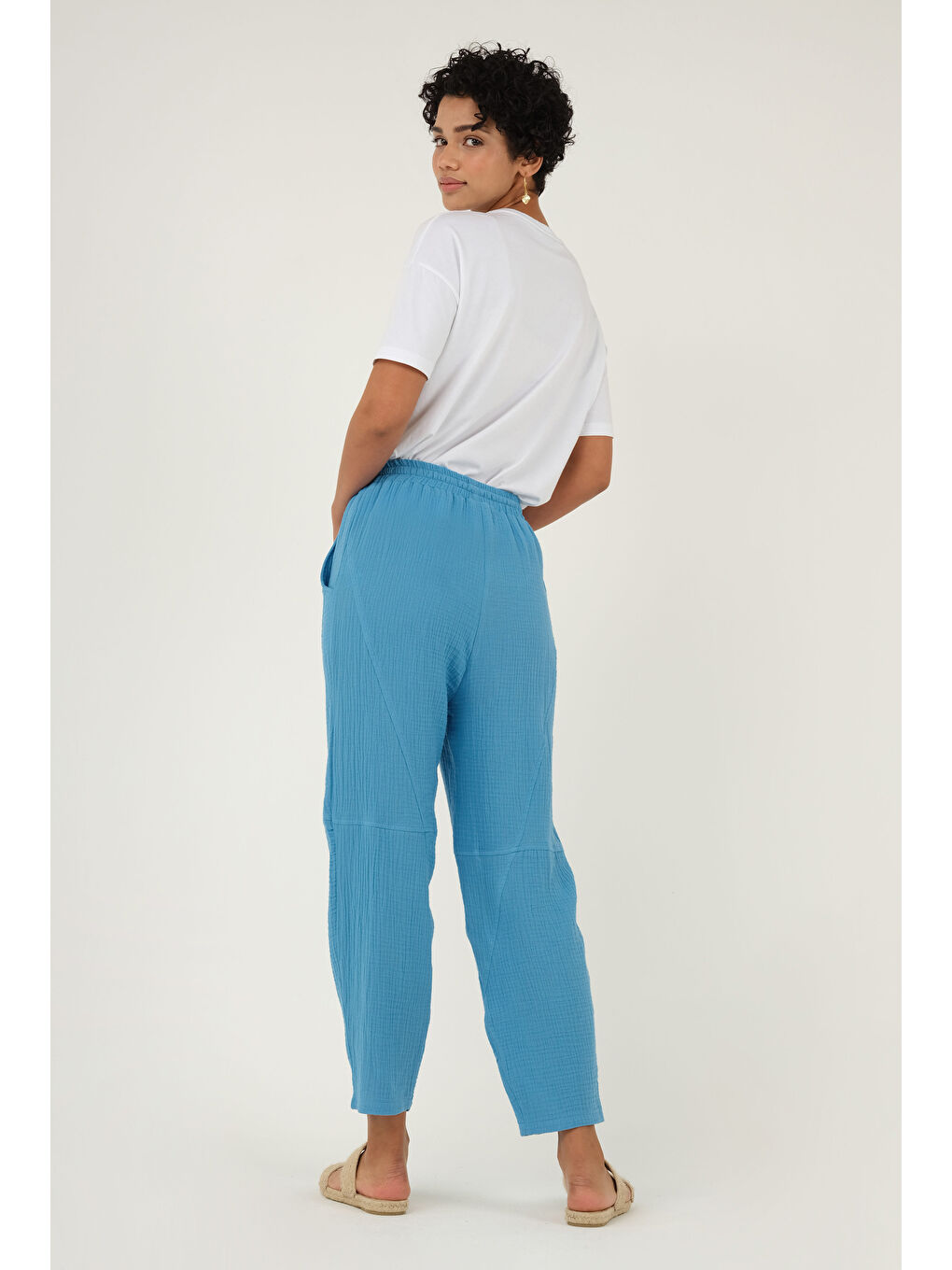 Parçalı Müslin Pantolon Mavi-3