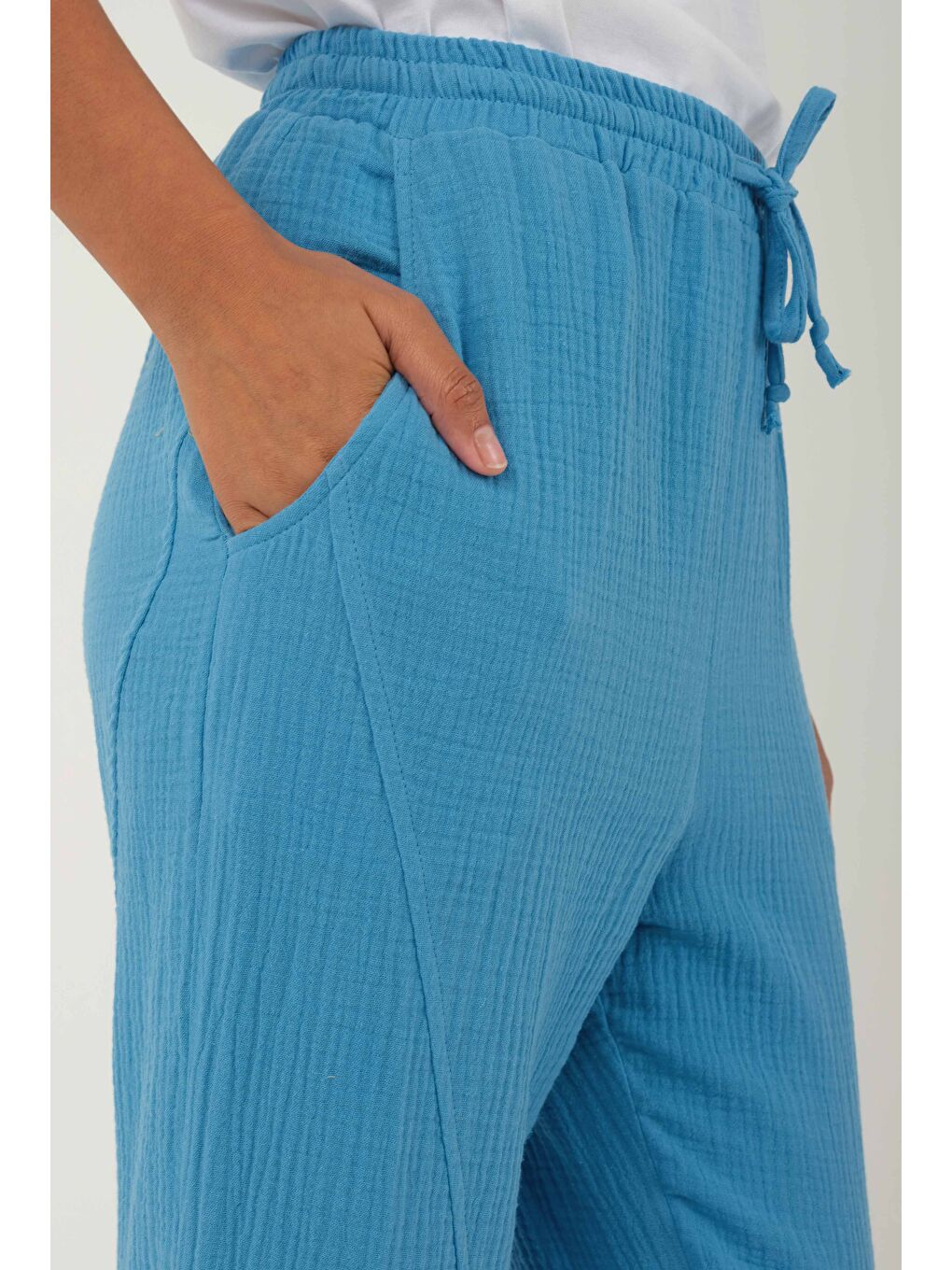 Parçalı Müslin Pantolon Mavi-4