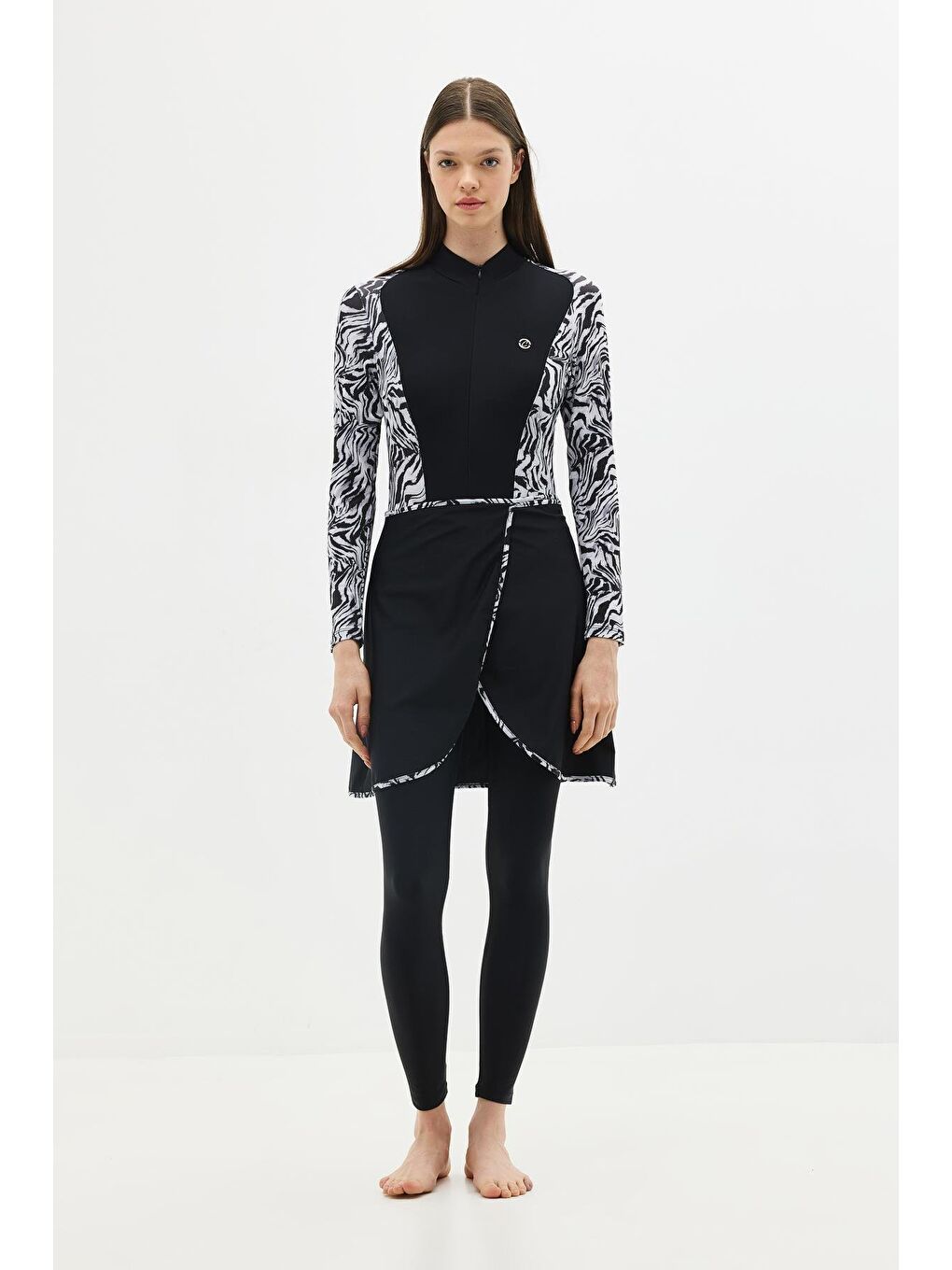 Siyah Etekli Taytlı Tam Kapalı Tesettür Mayo C13059 Zebra