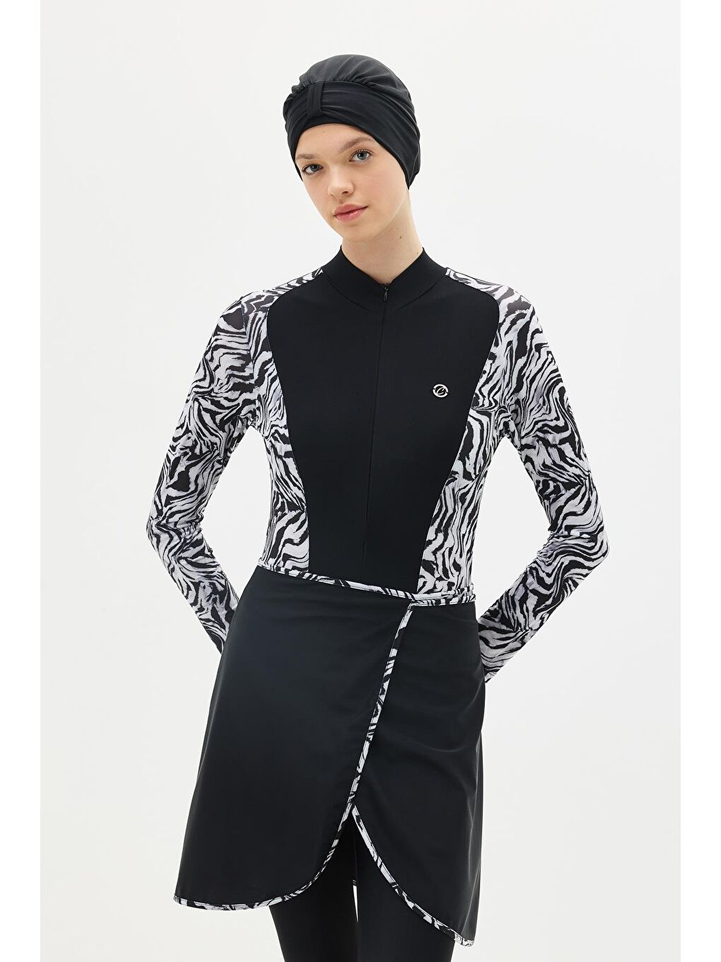 Siyah Etekli Taytlı Tam Kapalı Tesettür Mayo C13059 Zebra-1