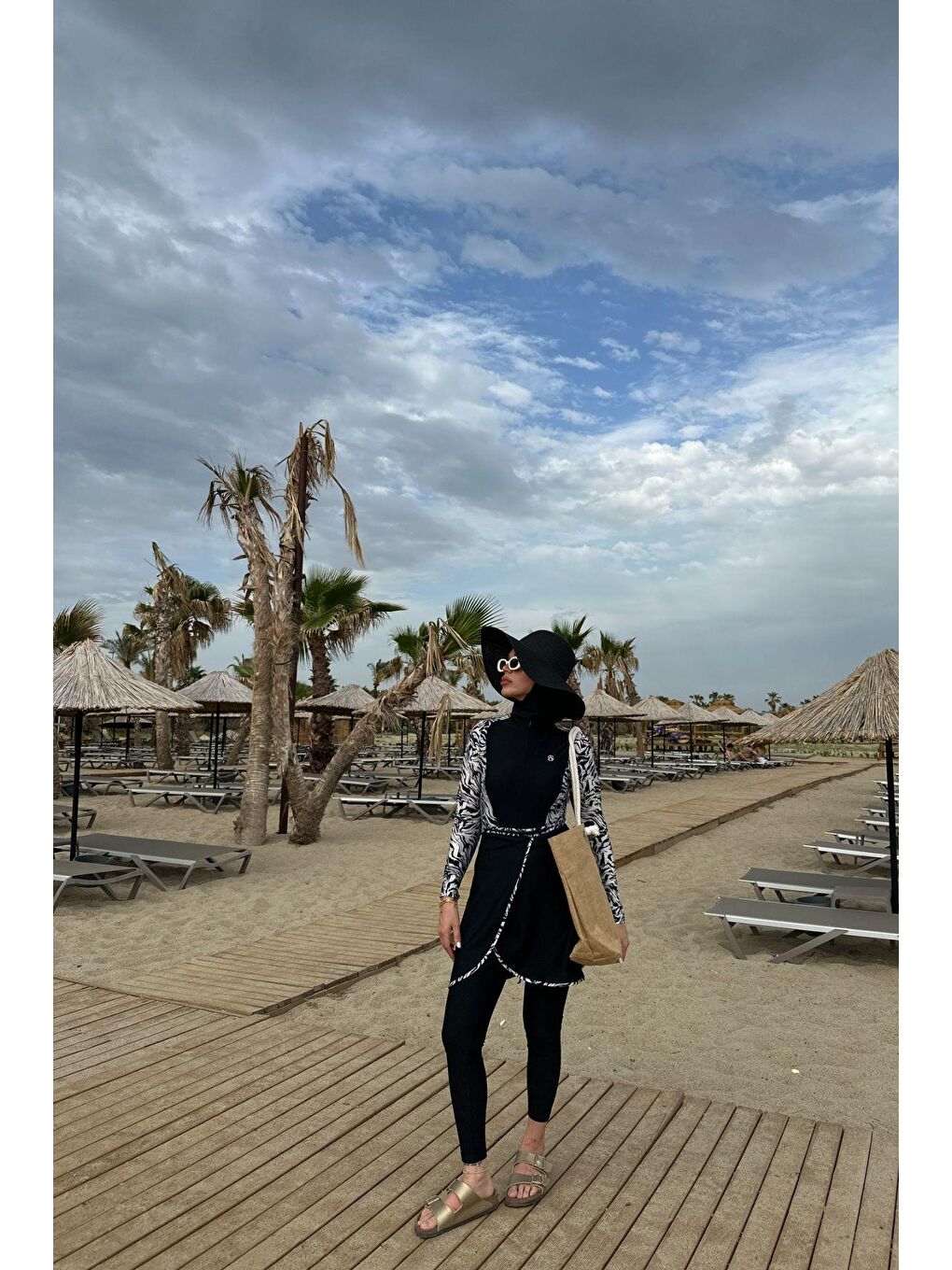 Siyah Etekli Taytlı Tam Kapalı Tesettür Mayo C13059 Zebra-3