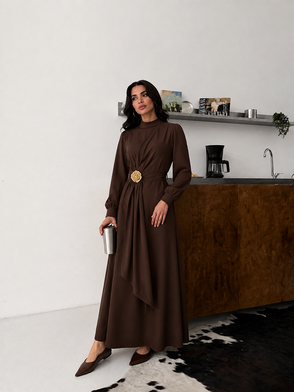 Kahverengi Kadın Bel Detaylı Premium Kahve Uzun Elbise-5