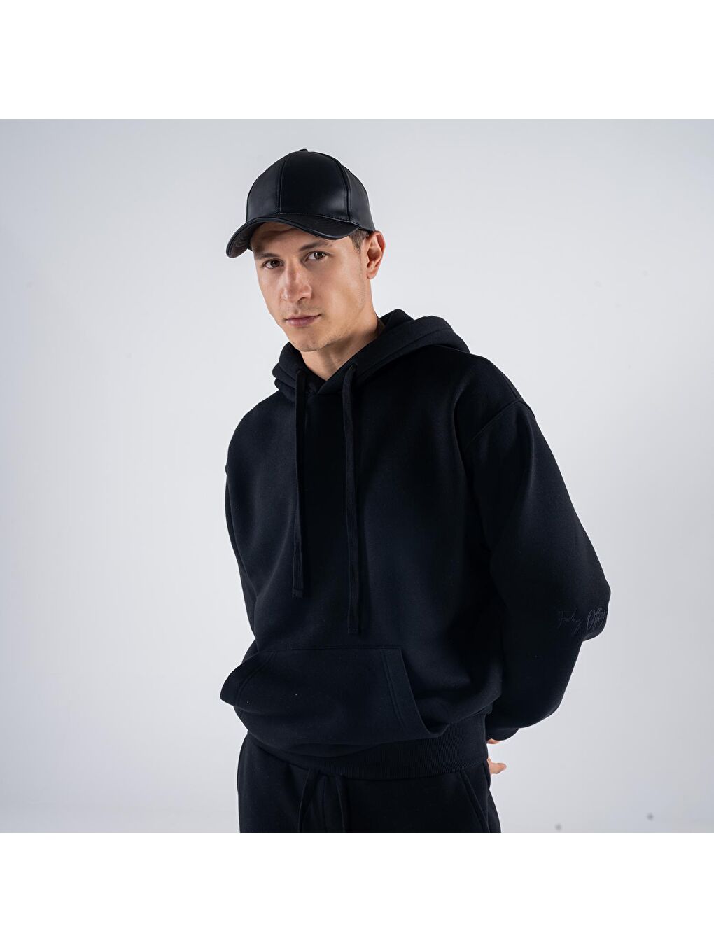 Agar Erkek Siyah Kanguru Cepli Kapüşonlu Oversize Hoodie Sweatshirt