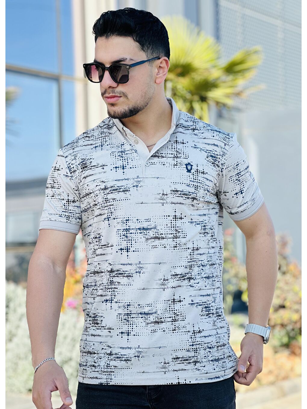 Bej Kagi Nokta Baskılı Polo Yaka Kısa Kollu Tişört-21236-2