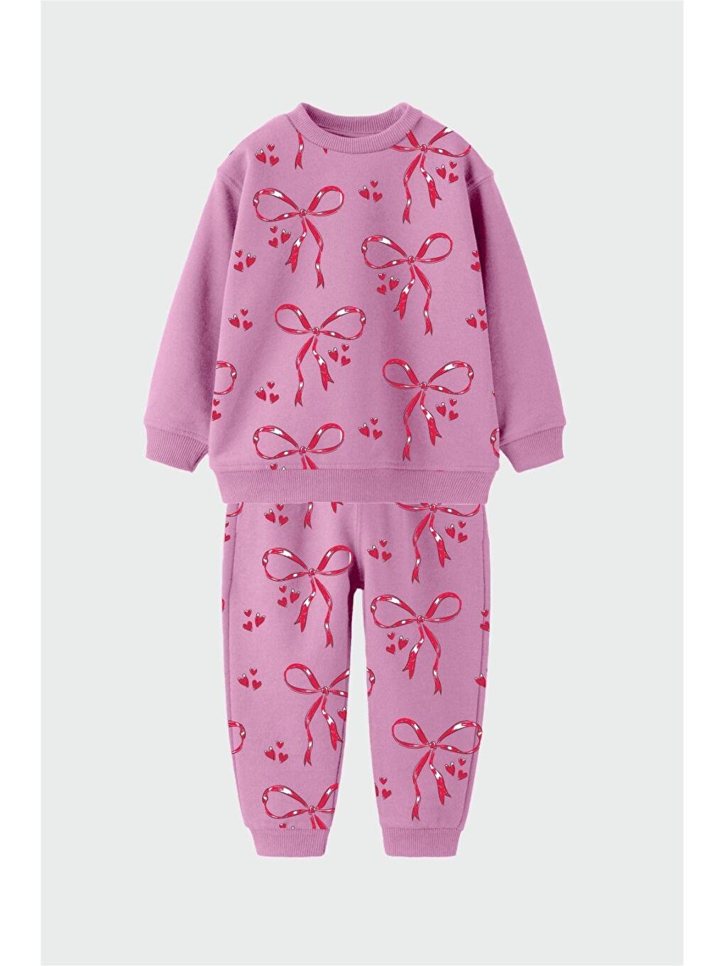 Kız Çocuk Pamuklu Pembe Kurdele Desenli Eşofman Takımı - Kalpli Desenli Sweat Ve Alt-2