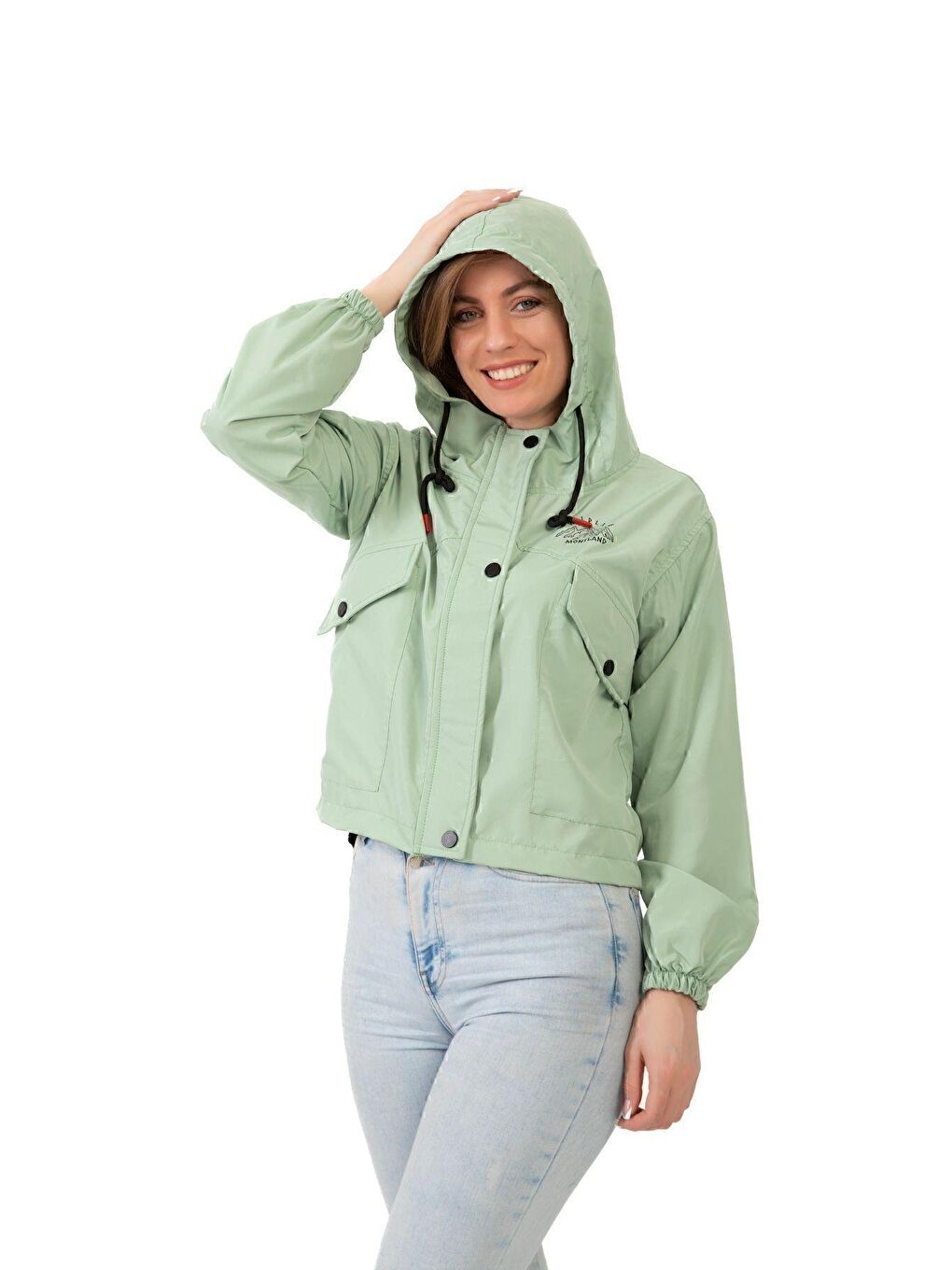 Turkuaz Kadın Su Geçirmez Ve Rüzgara Dayanıklı Kapüşonlu Çıt Çıtlı Mevsimlik Yağmurluk-1