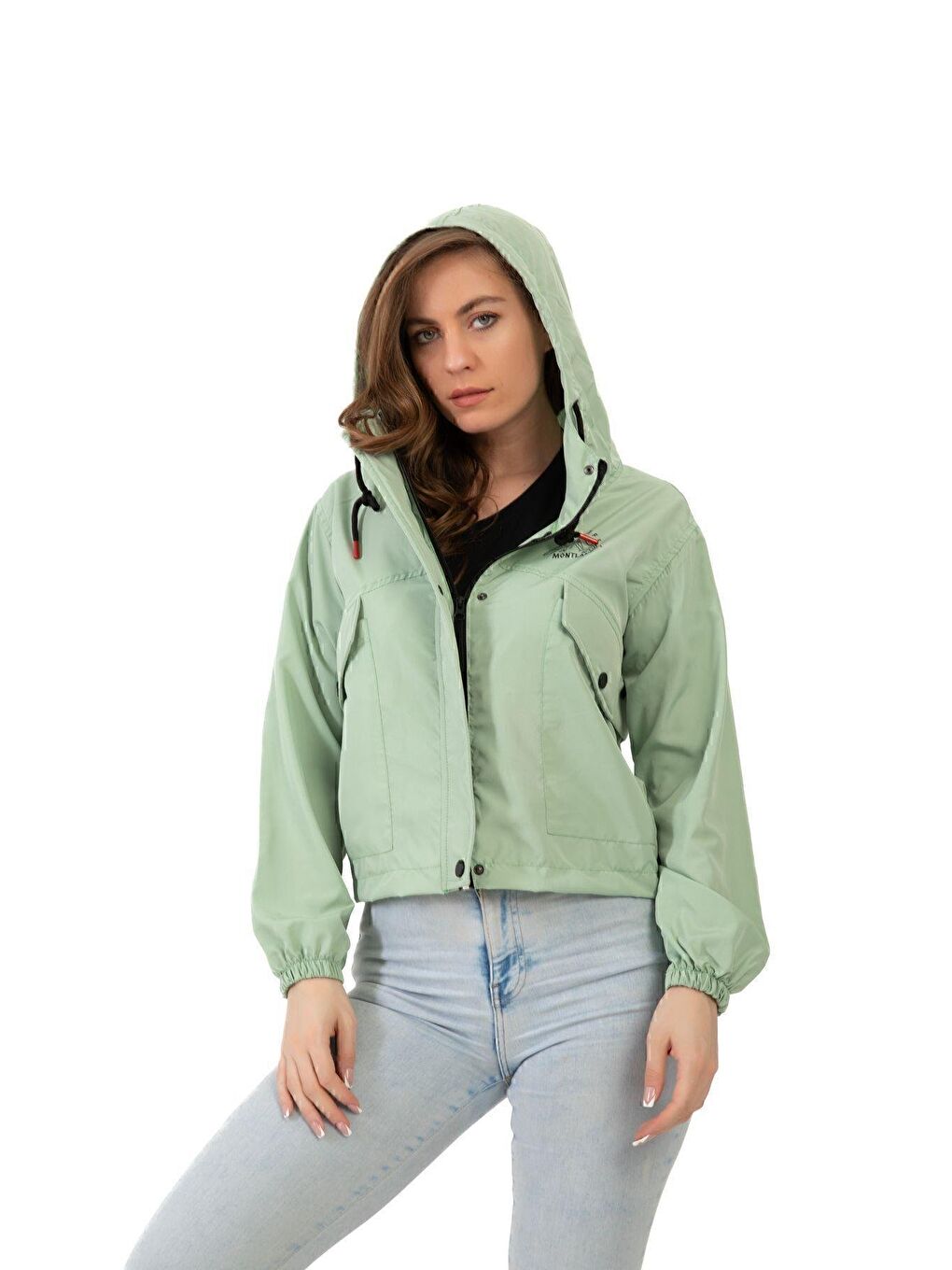 Turkuaz Kadın Su Geçirmez Ve Rüzgara Dayanıklı Kapüşonlu Çıt Çıtlı Mevsimlik Yağmurluk-2