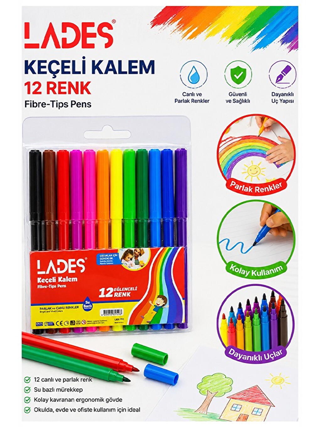 Keçeli Boya Kalemi Lades 12 Li 1 Paket Keçeli Kalem 12 Renk Keçe Uçlu Boya Kalemi Okul Öğrenci