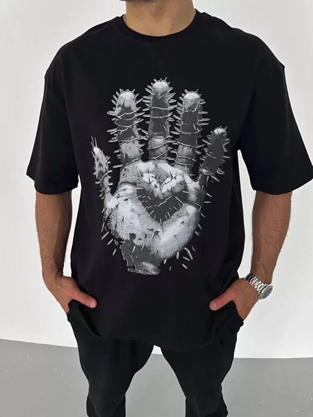 Unisex Bisiklet Yaka Baskılı Oversize T-Shirt - Siyah-1