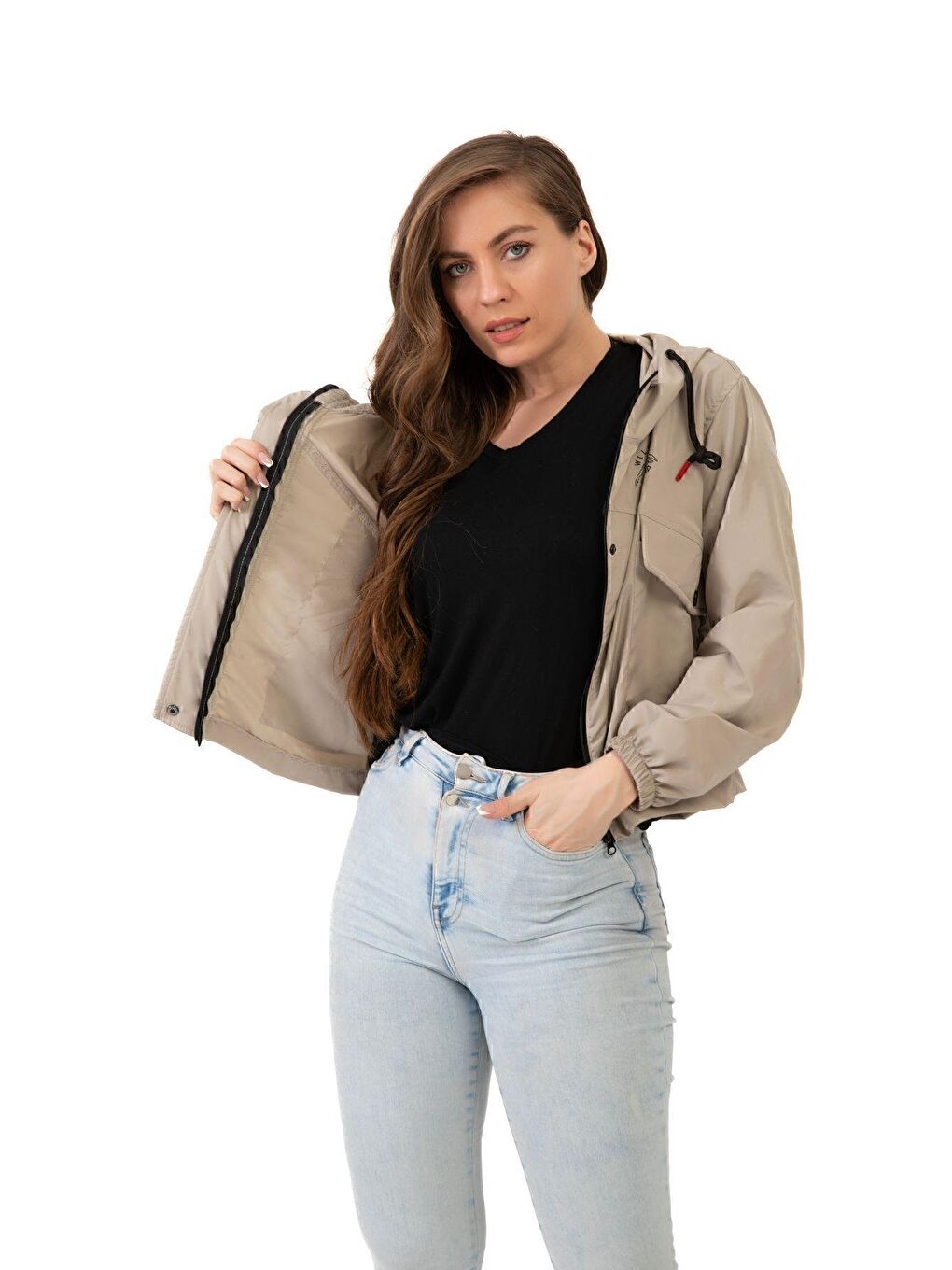 Bej Kadın Su Geçirmez Ve Rüzgara Dayanıklı Kapüşonlu Çıt Çıtlı Mevsimlik Yağmurluk-1