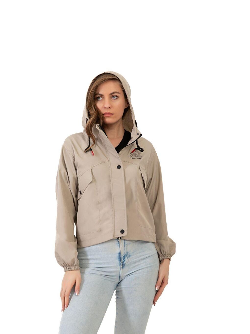 Bej Kadın Su Geçirmez Ve Rüzgara Dayanıklı Kapüşonlu Çıt Çıtlı Mevsimlik Yağmurluk-2