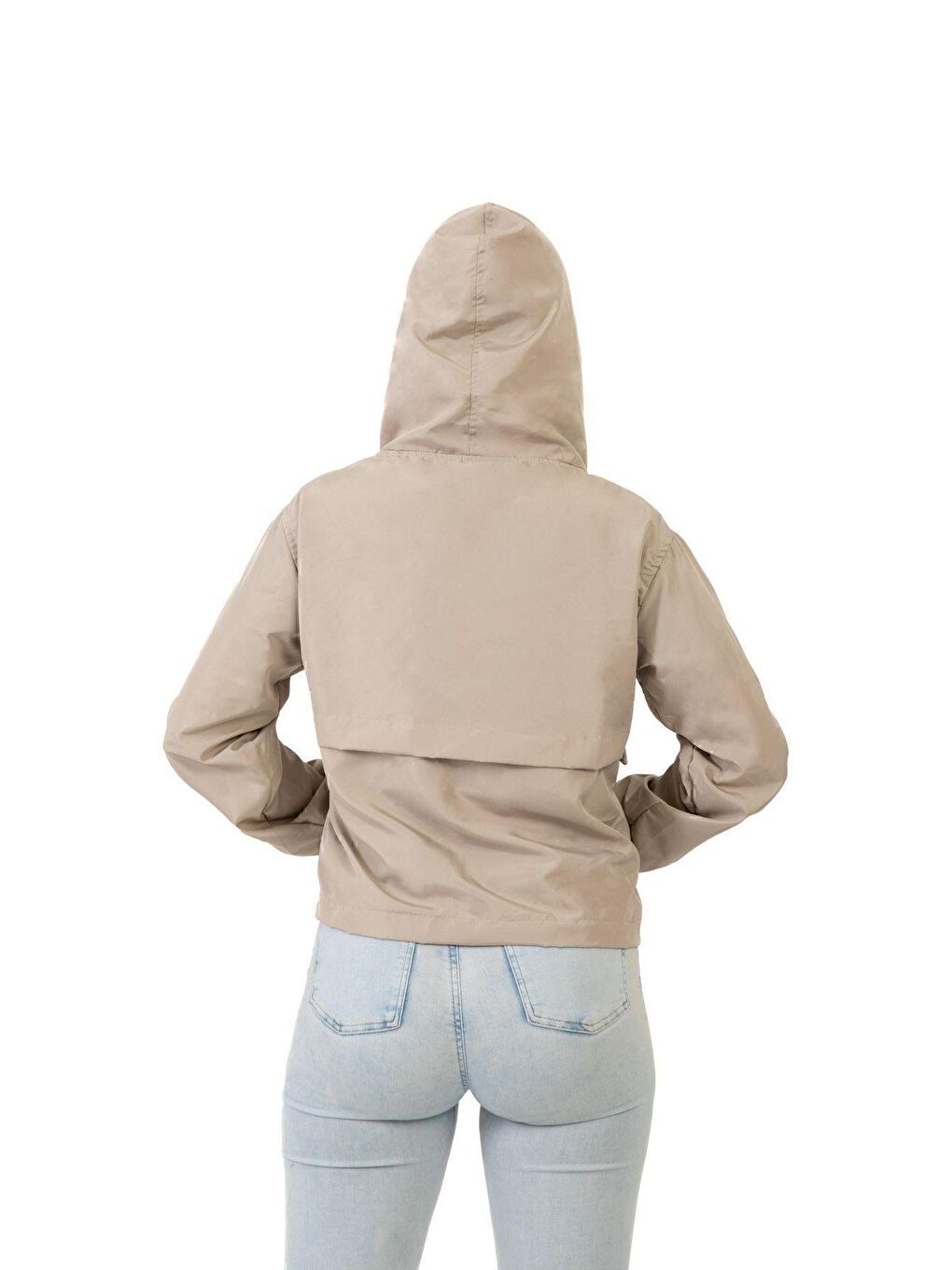 Bej Kadın Su Geçirmez Ve Rüzgara Dayanıklı Kapüşonlu Çıt Çıtlı Mevsimlik Yağmurluk-3