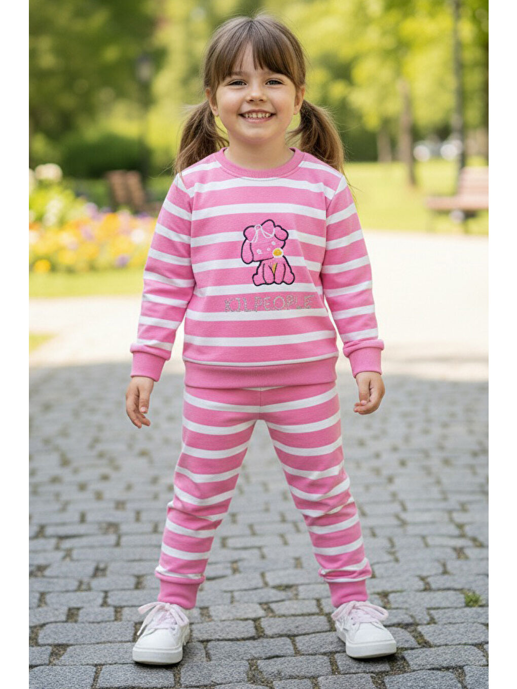 Kız Çocuk Pembe Çizgili Nakışlı İki İplik İkili Takım - 28011-PEMBE