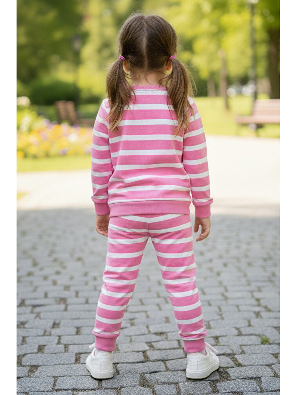 Kız Çocuk Pembe Çizgili Nakışlı İki İplik İkili Takım - 28011-PEMBE-1