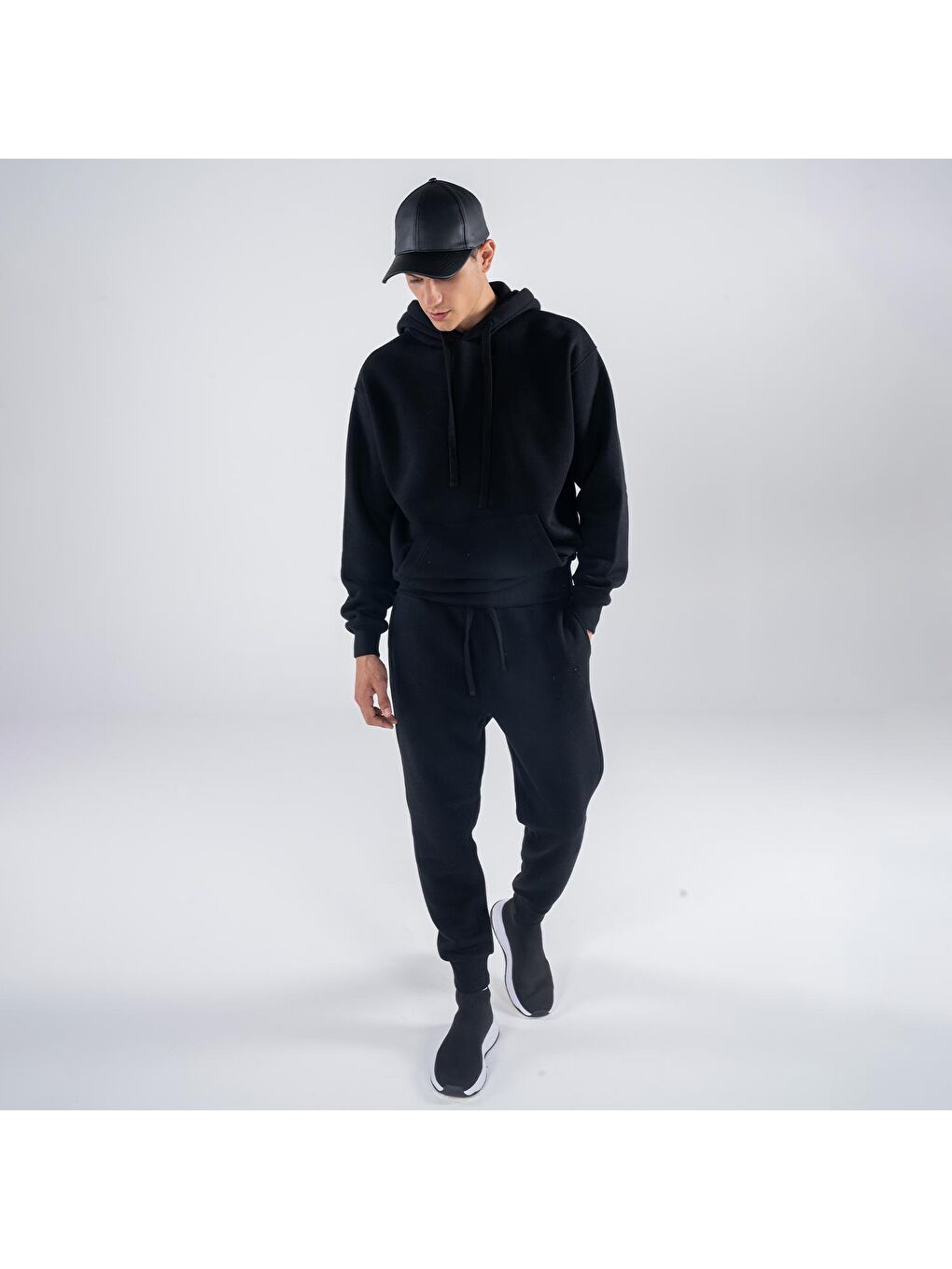 Agar Erkek Siyah Kanguru Cepli Kapüşonlu Oversize Hoodie Sweatshirt-3