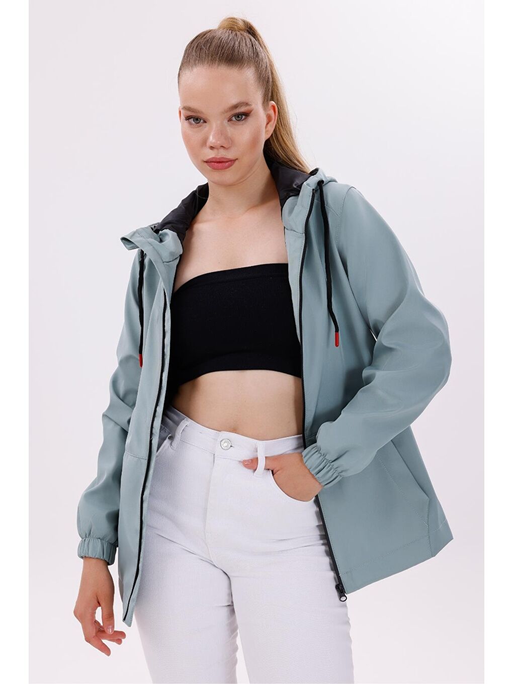 Yeşil Kadın Su Geçirmez Ve Rüzgara Dayanıklı Astarlı Kapüşonlu Yağmurluk - Rüzgarlık-1