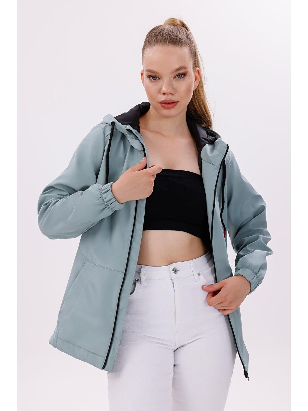 Yeşil Kadın Su Geçirmez Ve Rüzgara Dayanıklı Astarlı Kapüşonlu Yağmurluk - Rüzgarlık-2