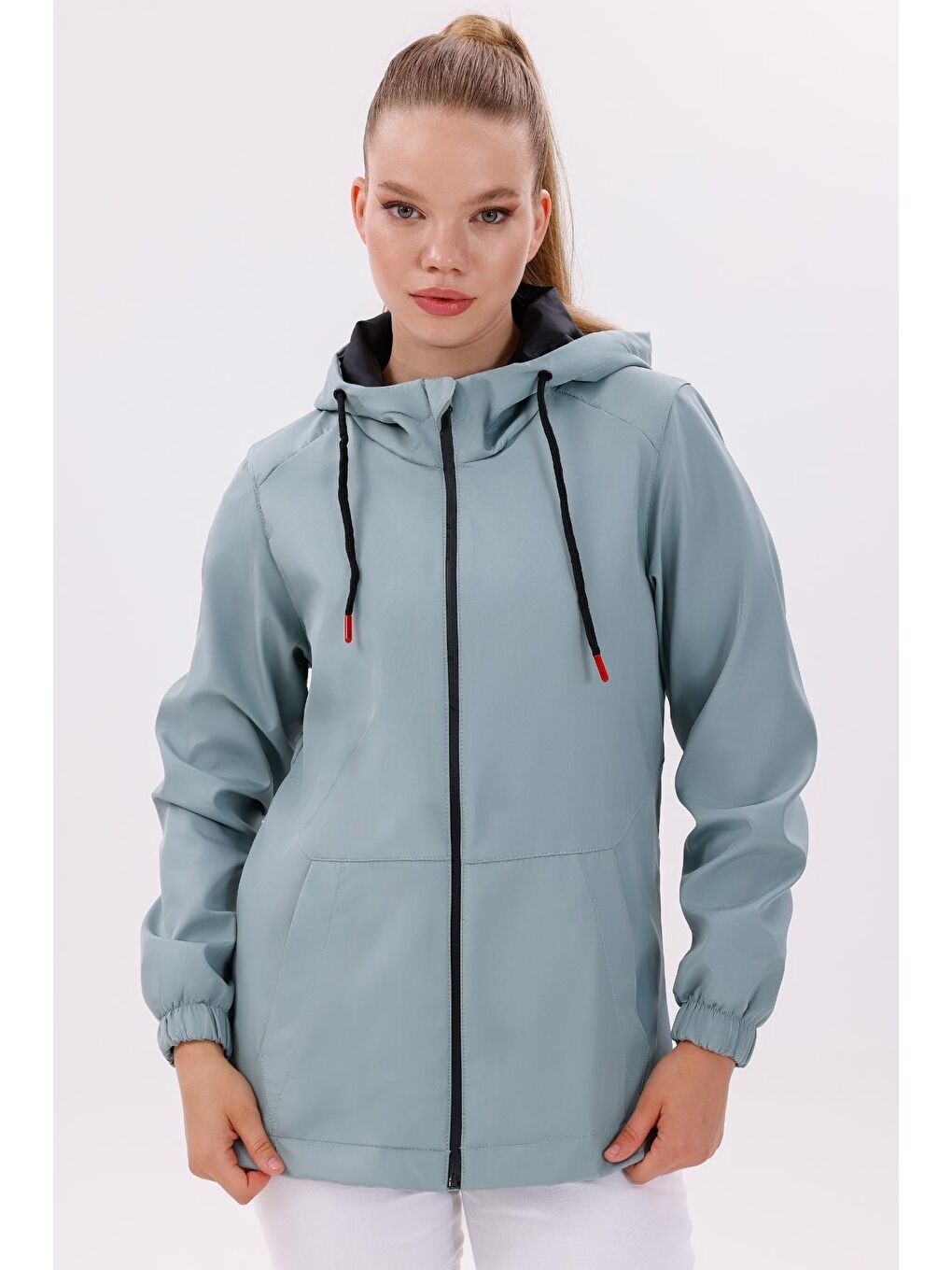 Yeşil Kadın Su Geçirmez Ve Rüzgara Dayanıklı Astarlı Kapüşonlu Yağmurluk - Rüzgarlık-3