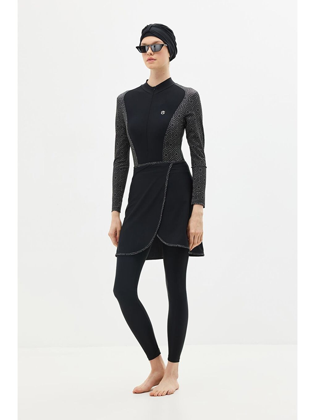 Gri Etekli Taytlı Tam Kapalı Tesettür Mayo C13059 Siyah/Gümüş-3