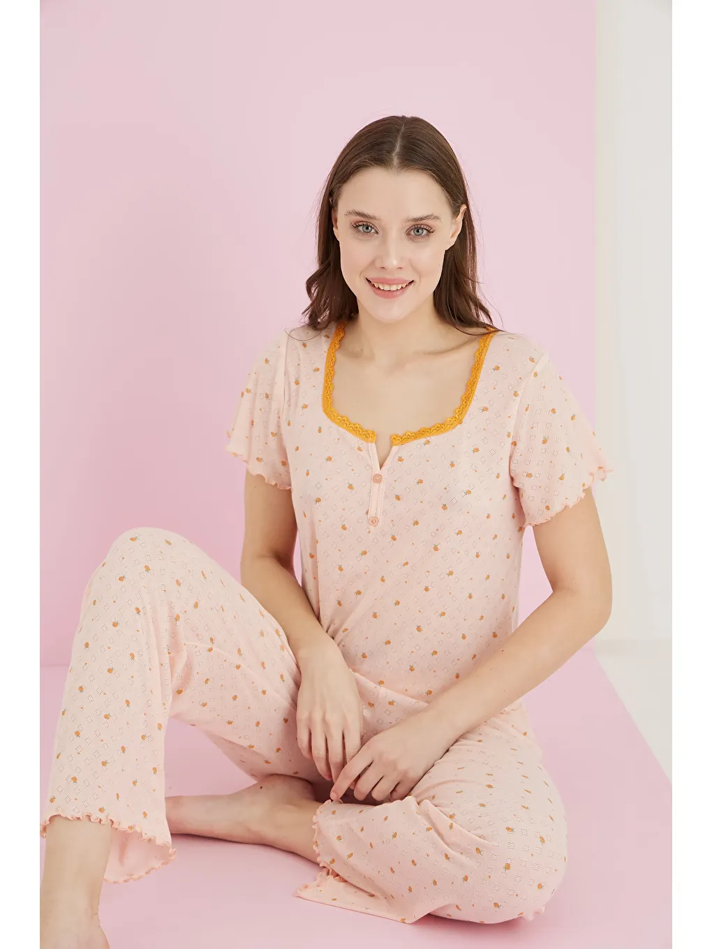 Turuncu Jakarlı Viskon Dantelli Pijama Takım 7081-6