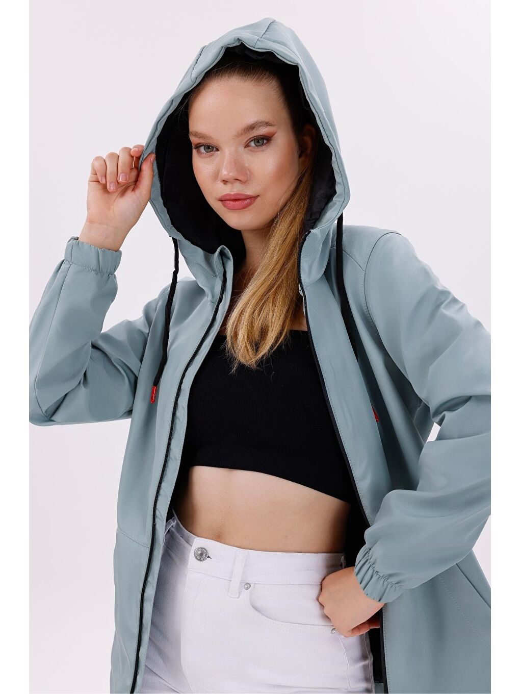 Yeşil Kadın Su Geçirmez Ve Rüzgara Dayanıklı Astarlı Kapüşonlu Yağmurluk - Rüzgarlık-4