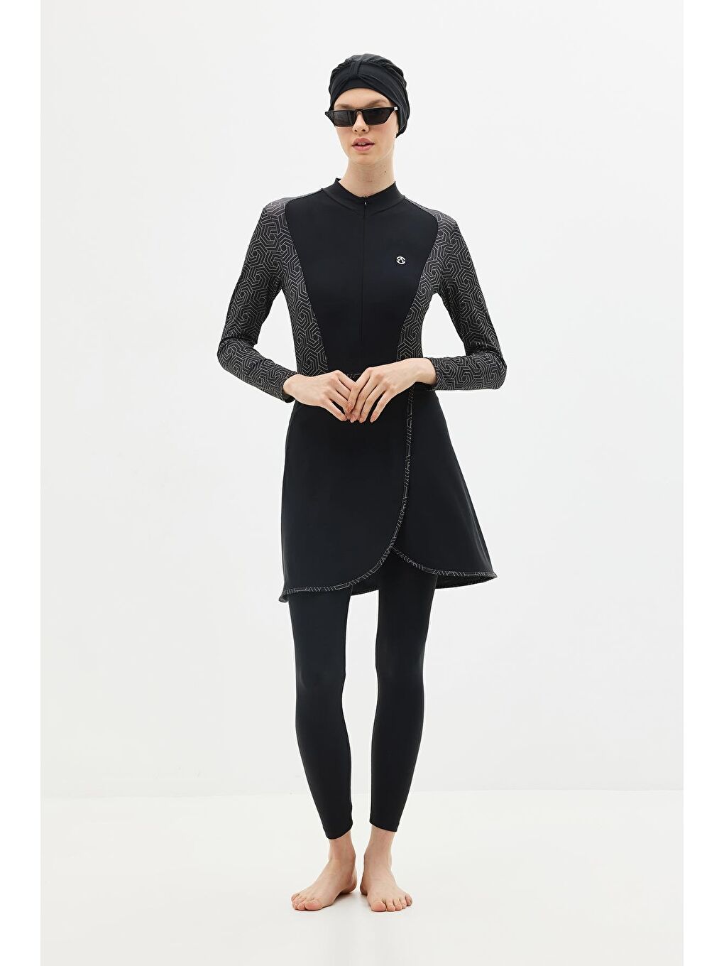 Gri Etekli Taytlı Tam Kapalı Tesettür Mayo C13059 Siyah/Gümüş-5