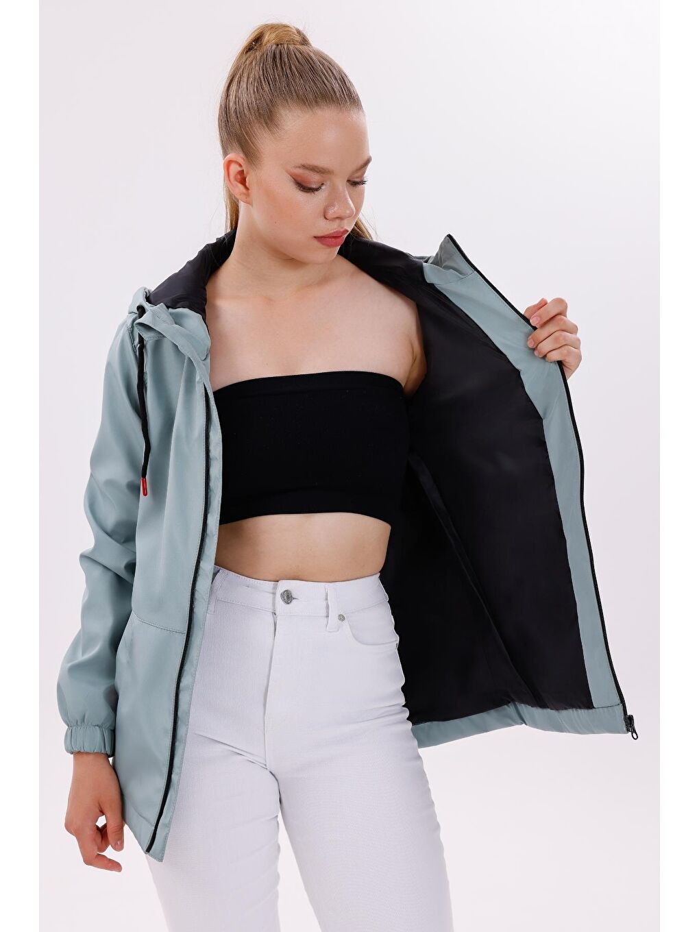 Yeşil Kadın Su Geçirmez Ve Rüzgara Dayanıklı Astarlı Kapüşonlu Yağmurluk - Rüzgarlık-5