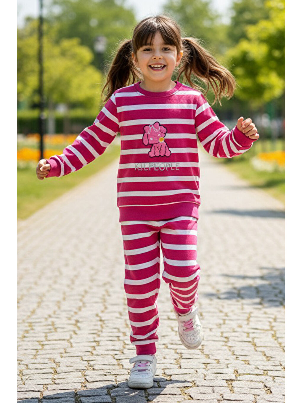 Kız Çocuk Fuşya Çizgili Nakışlı İki İplik İkili Takım - 28011-FUSYA