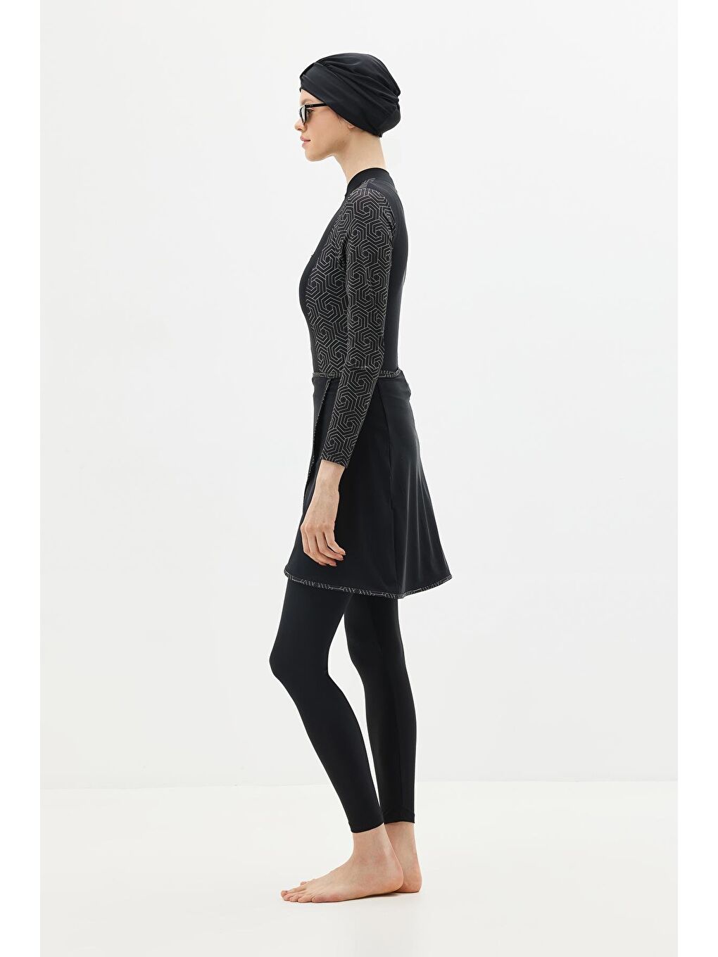 Gri Etekli Taytlı Tam Kapalı Tesettür Mayo C13059 Siyah/Gümüş-6