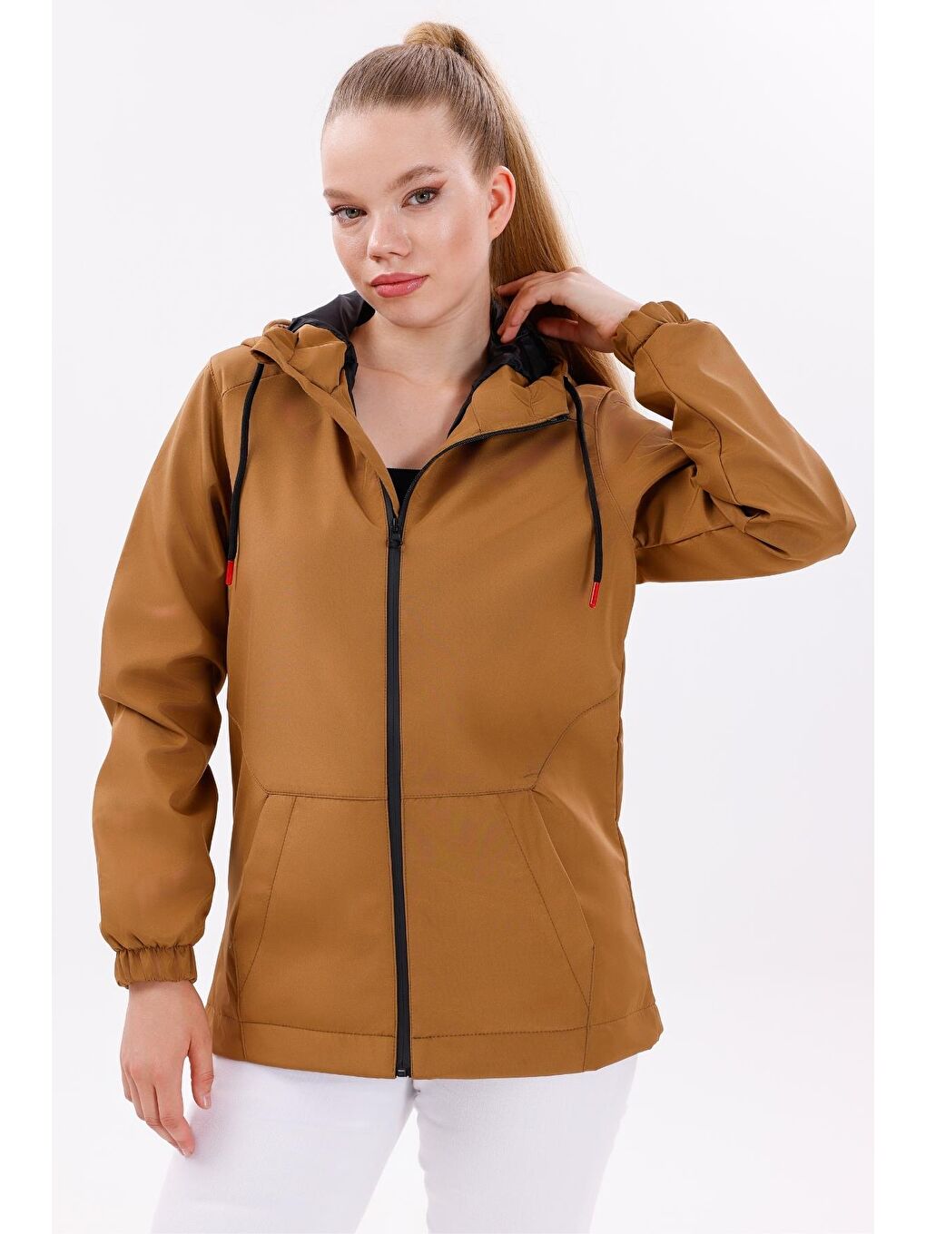 Kahverengi Kadın Su Geçirmez Ve Rüzgara Dayanıklı Astarlı Kapüşonlu Yağmurluk - Rüzgarlık-1