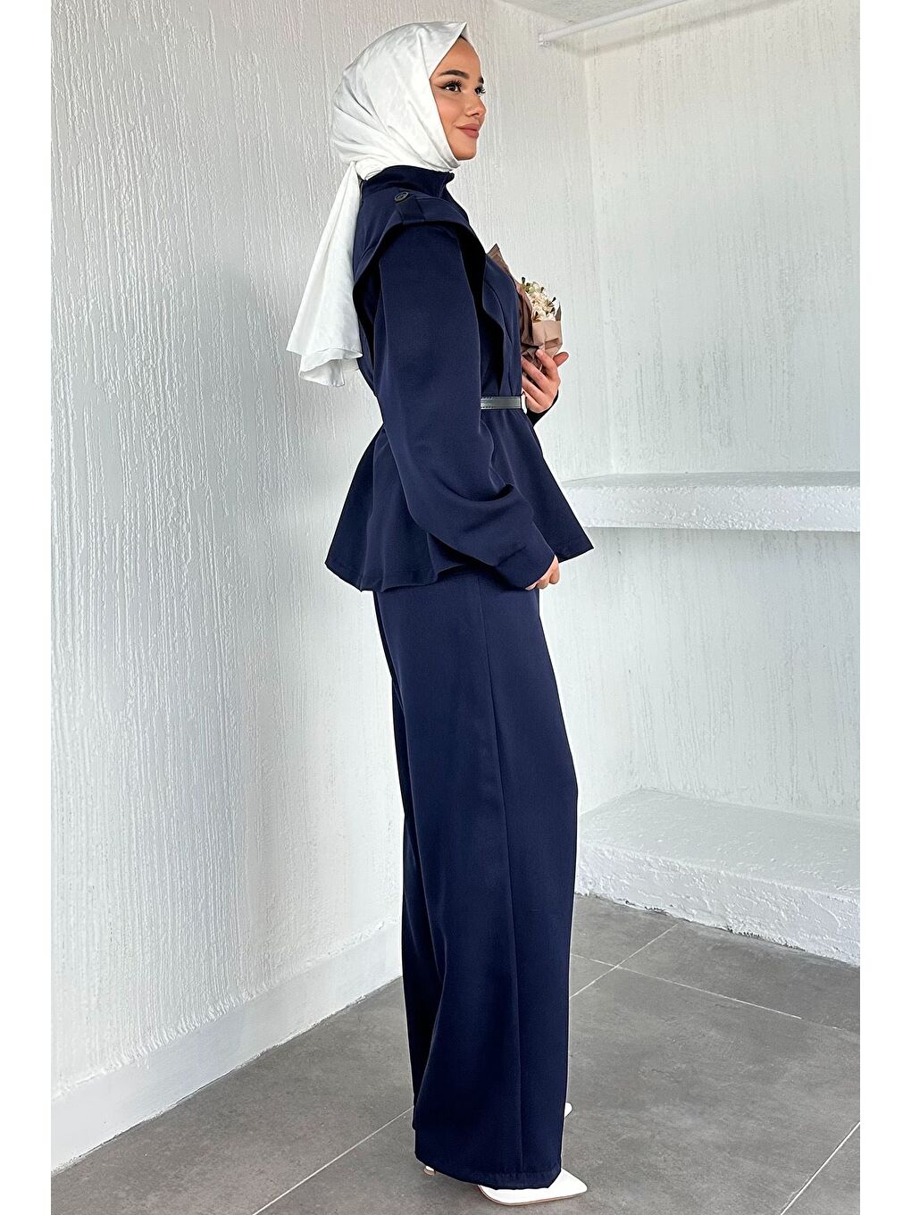 Lacivert Kemer Aksesuarlı Ceket Bel Lastikli Pileli Pantolon Tesettür İkili Takım-2