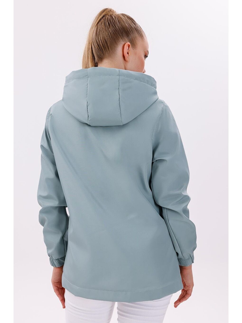 Yeşil Kadın Su Geçirmez Ve Rüzgara Dayanıklı Astarlı Kapüşonlu Yağmurluk - Rüzgarlık-6