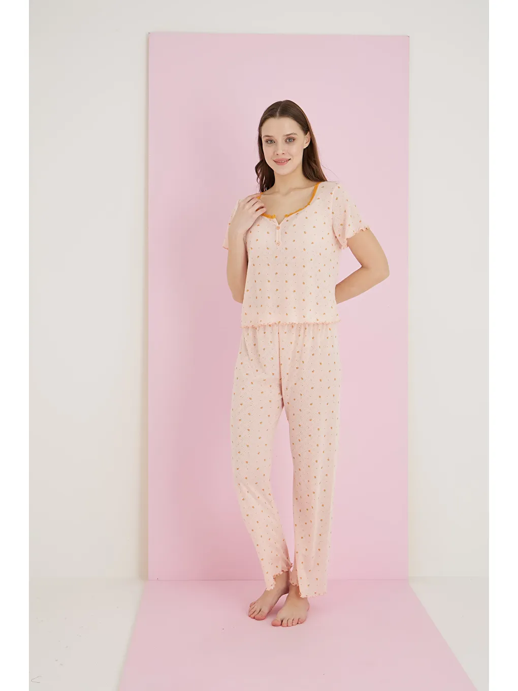Turuncu Jakarlı Viskon Dantelli Pijama Takım 7081-6-1