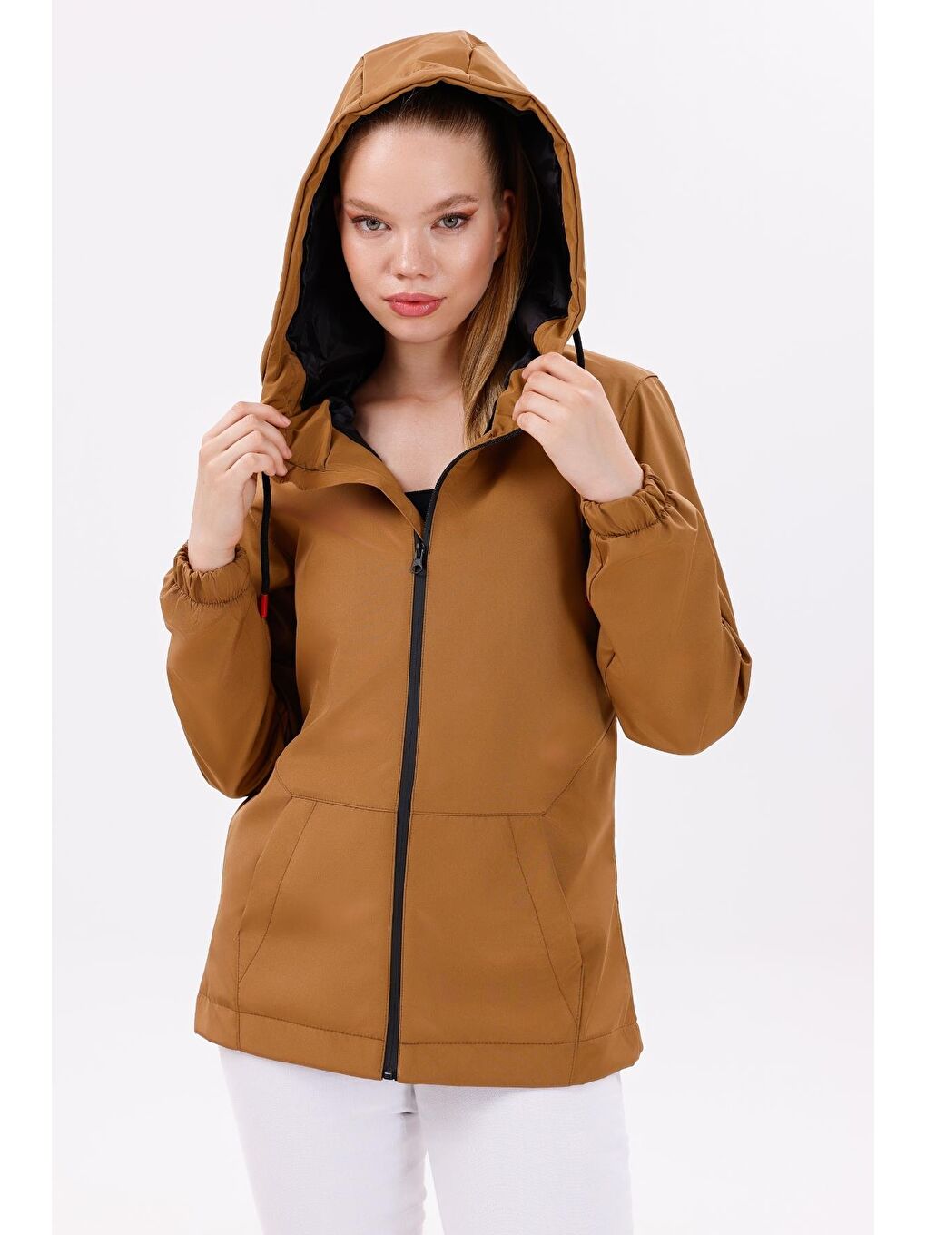 Kahverengi Kadın Su Geçirmez Ve Rüzgara Dayanıklı Astarlı Kapüşonlu Yağmurluk - Rüzgarlık-2