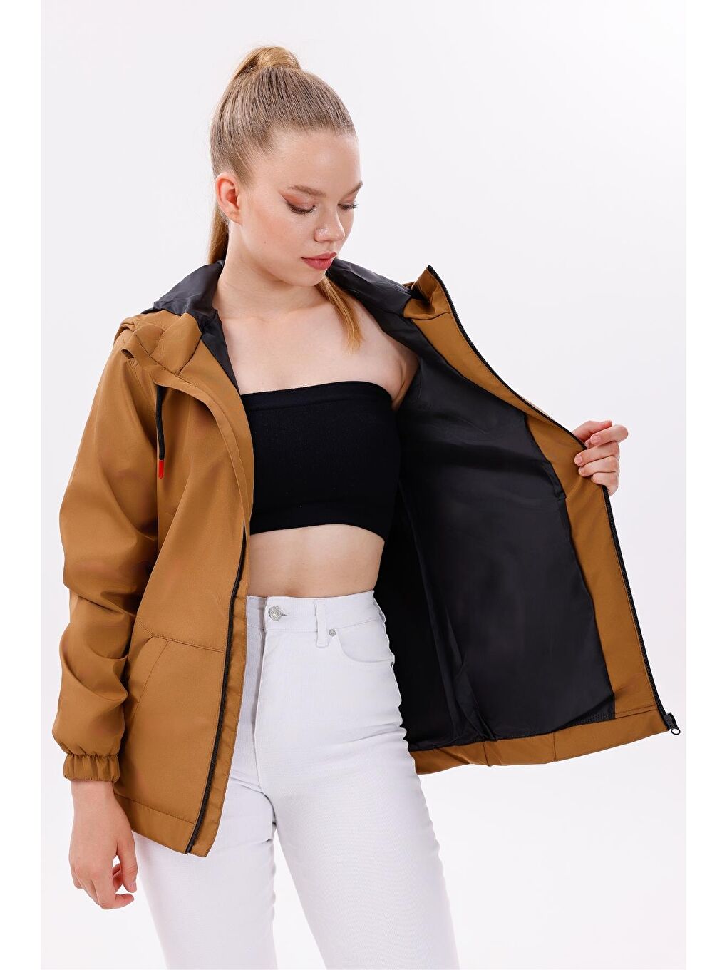 Kahverengi Kadın Su Geçirmez Ve Rüzgara Dayanıklı Astarlı Kapüşonlu Yağmurluk - Rüzgarlık-3