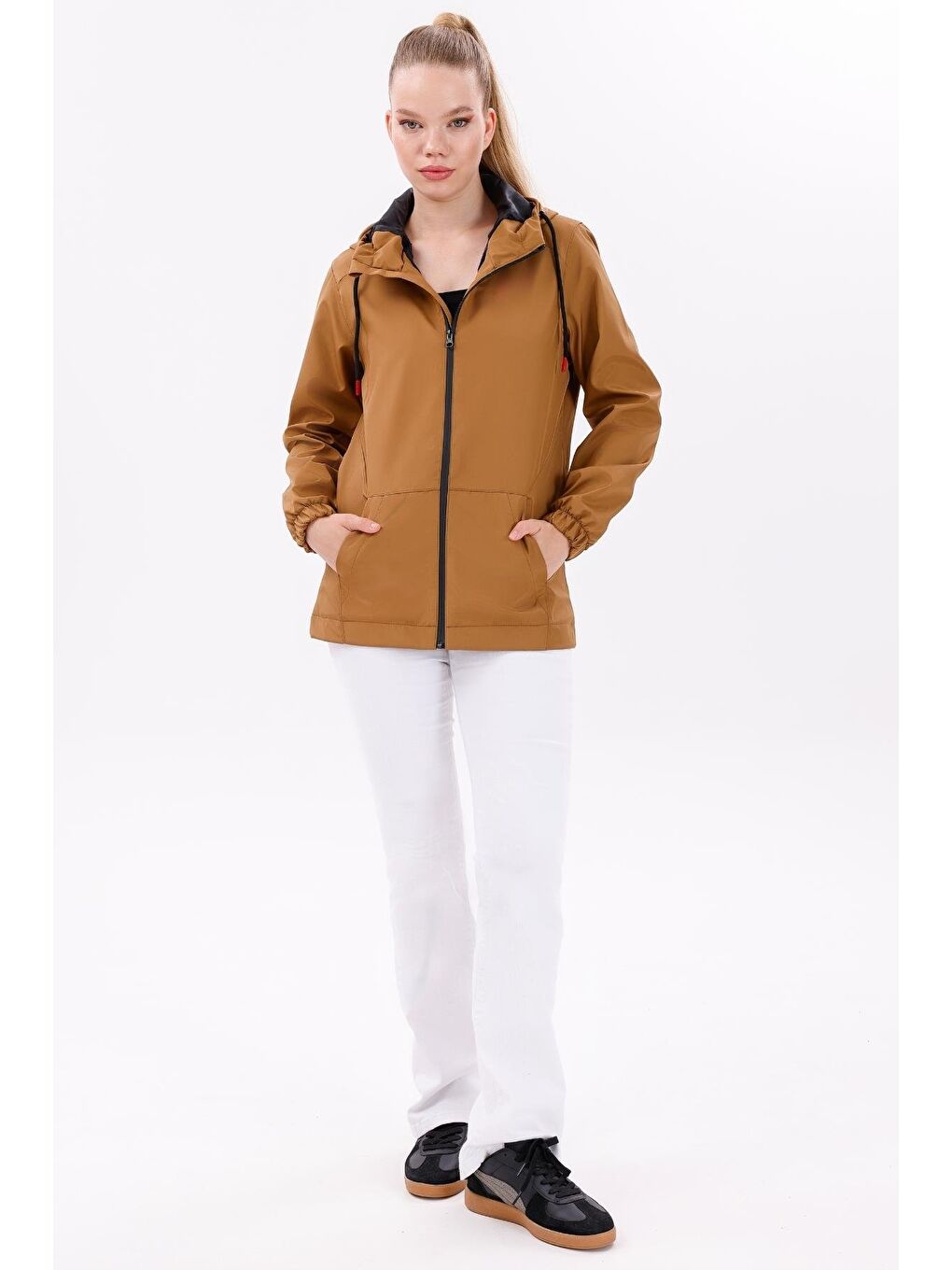 Kahverengi Kadın Su Geçirmez Ve Rüzgara Dayanıklı Astarlı Kapüşonlu Yağmurluk - Rüzgarlık-4