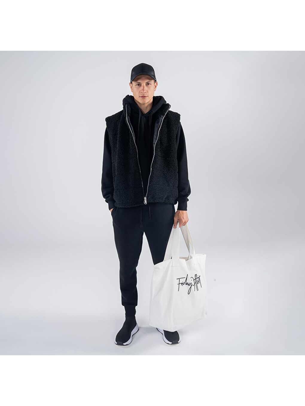 Agar Erkek Siyah Kanguru Cepli Kapüşonlu Oversize Hoodie Sweatshirt-4