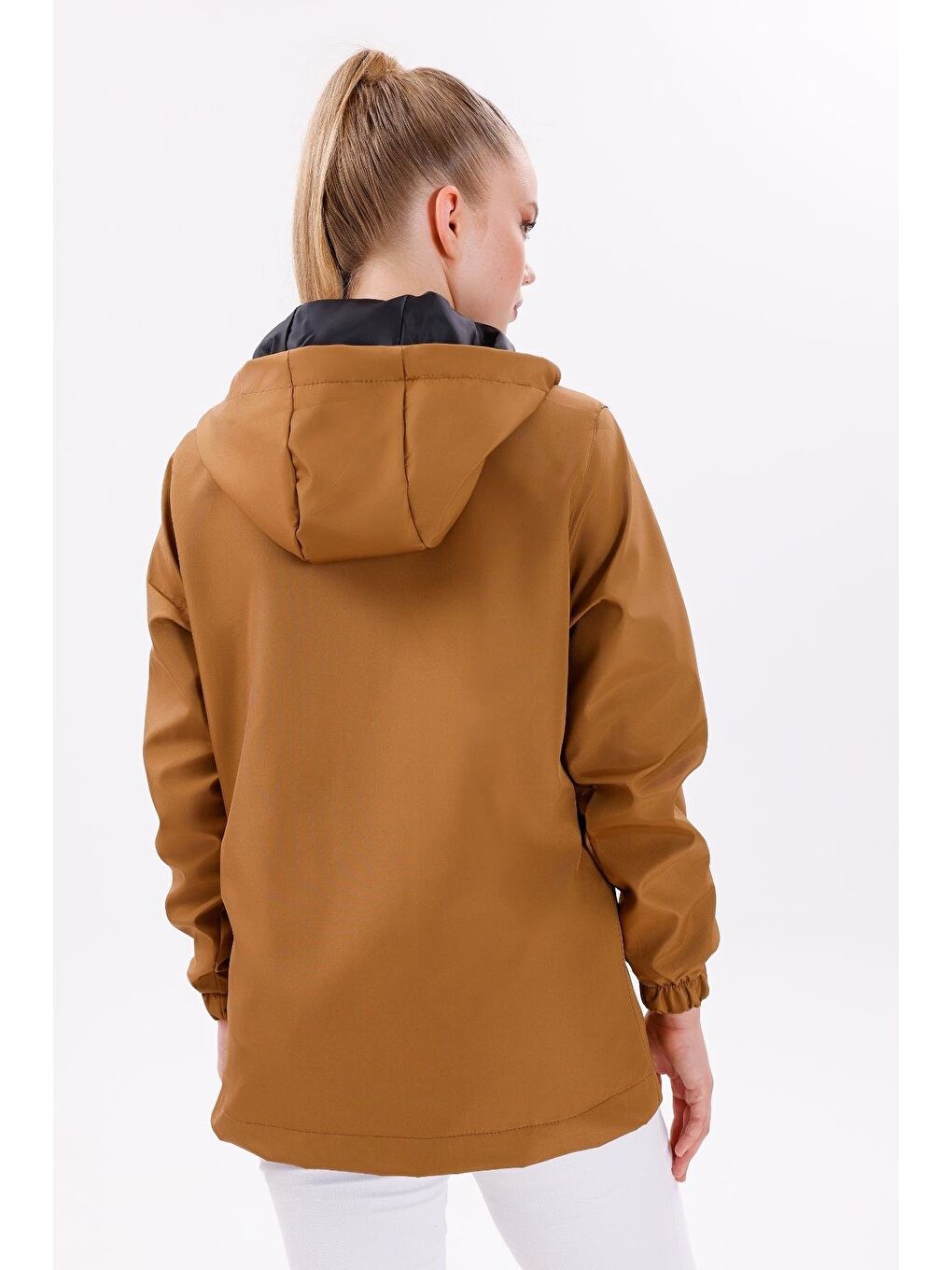 Kahverengi Kadın Su Geçirmez Ve Rüzgara Dayanıklı Astarlı Kapüşonlu Yağmurluk - Rüzgarlık-5