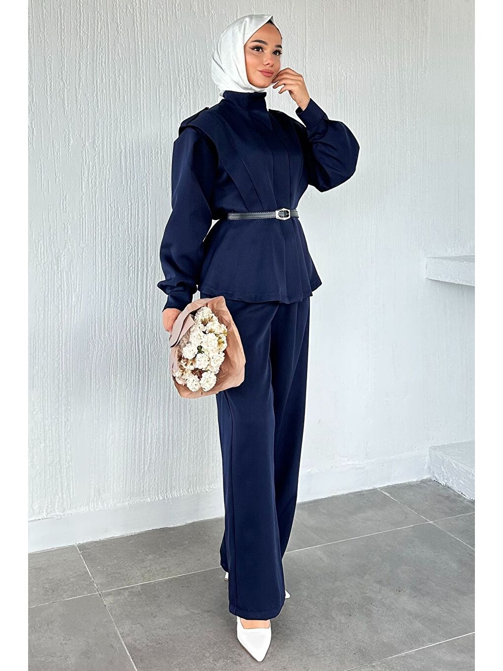 Lacivert Kemer Aksesuarlı Ceket Bel Lastikli Pileli Pantolon Tesettür İkili Takım-4