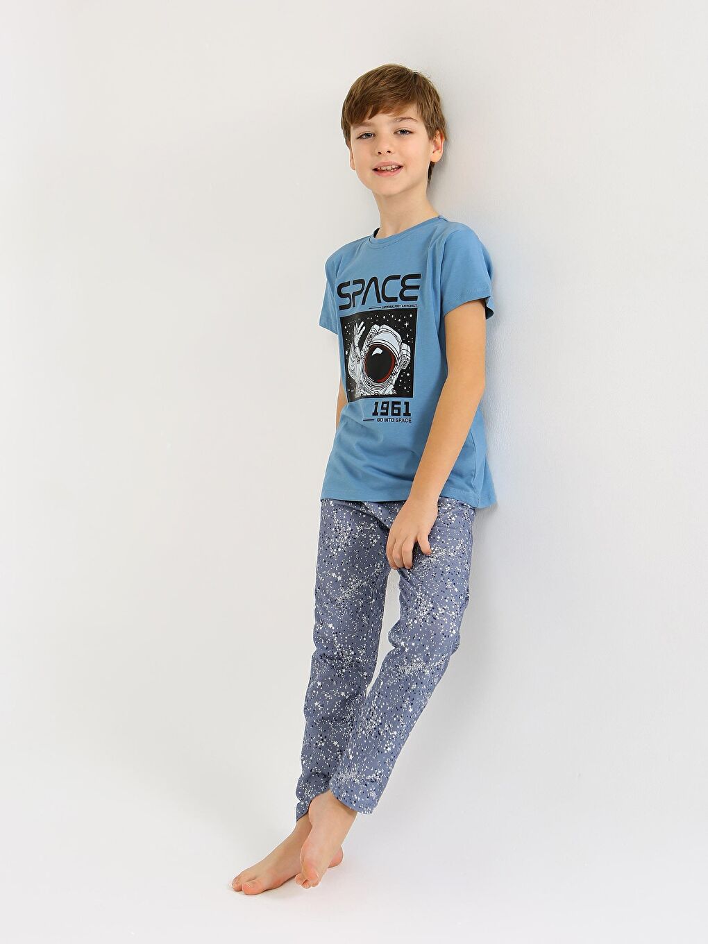 Mavi Erkek Çocuk Kısa Kollu %100 Pamuklu Pijama Takımı Go Space-1
