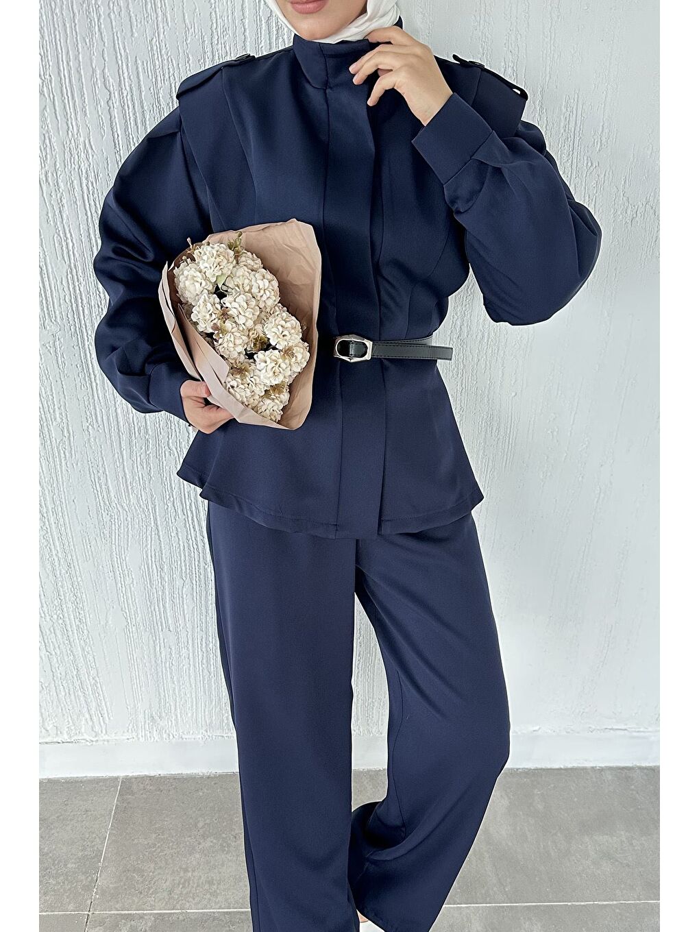 Lacivert Kemer Aksesuarlı Ceket Bel Lastikli Pileli Pantolon Tesettür İkili Takım-6