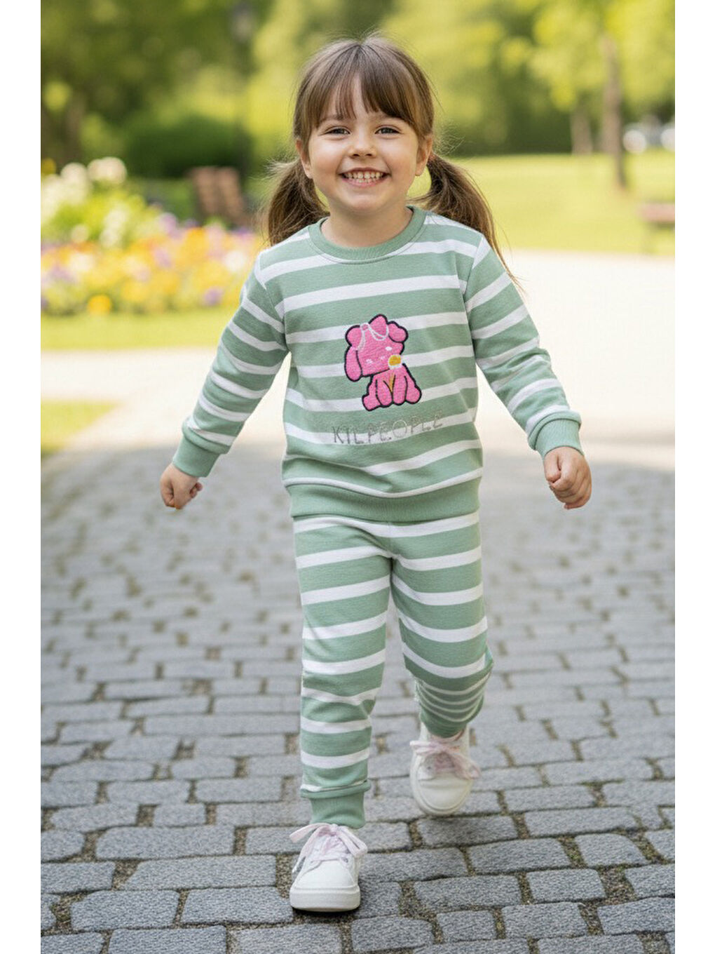 Yeşil Kız Çocuk Mint Çizgili Nakışlı İki İplik İkili Takım - 28011-MINT